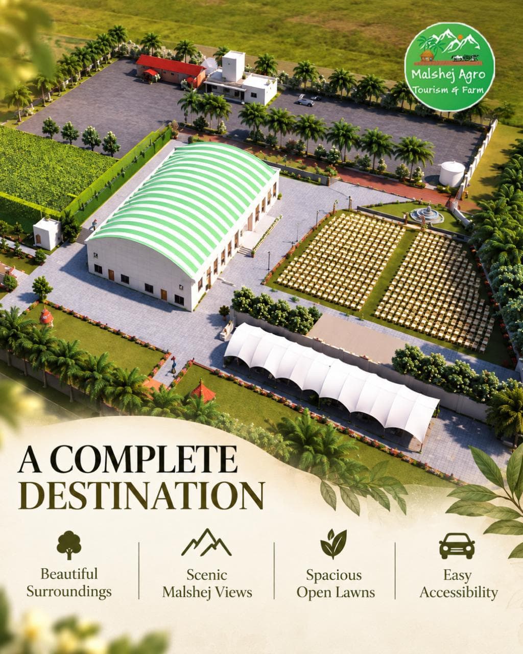 Aerial view of the complete banquet hall venue